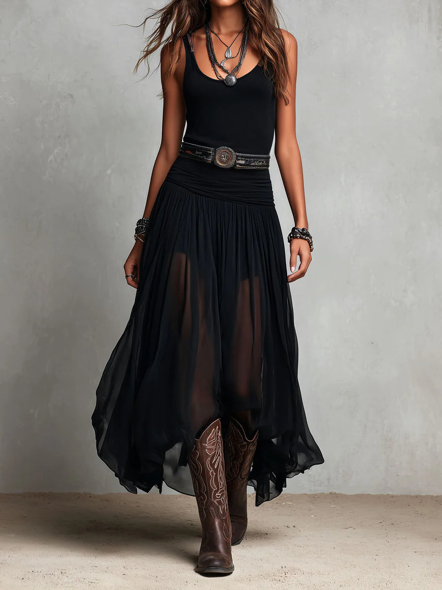 Thaïs | Black sleeveless maxi dress with tulle skirt (with belt)