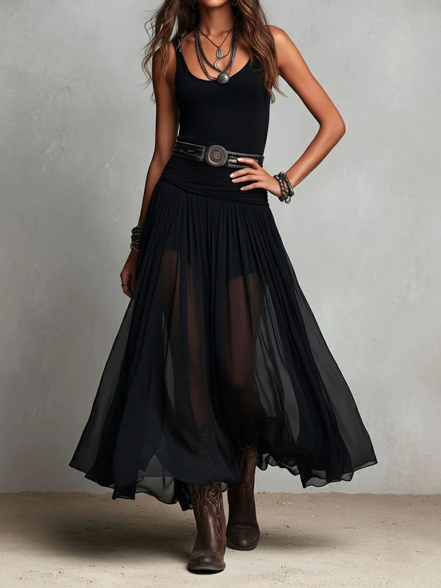 Thaïs | Black sleeveless maxi dress with tulle skirt (with belt)