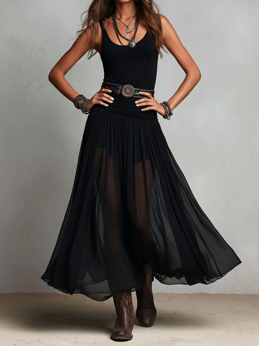 Thaïs | Black sleeveless maxi dress with tulle skirt (with belt)