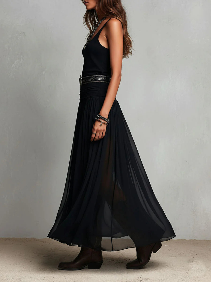 Thaïs | Black sleeveless maxi dress with tulle skirt (with belt)