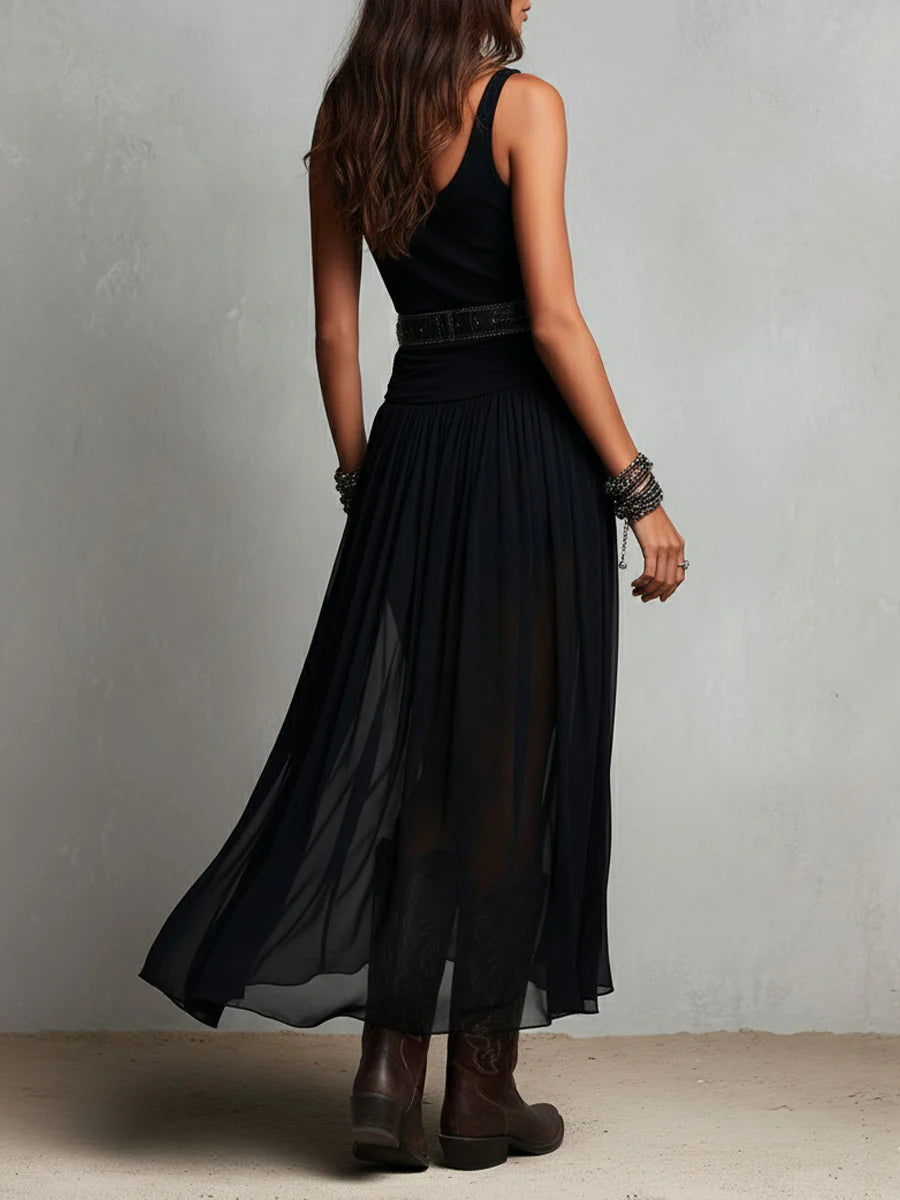Thaïs | Black sleeveless maxi dress with tulle skirt (with belt)