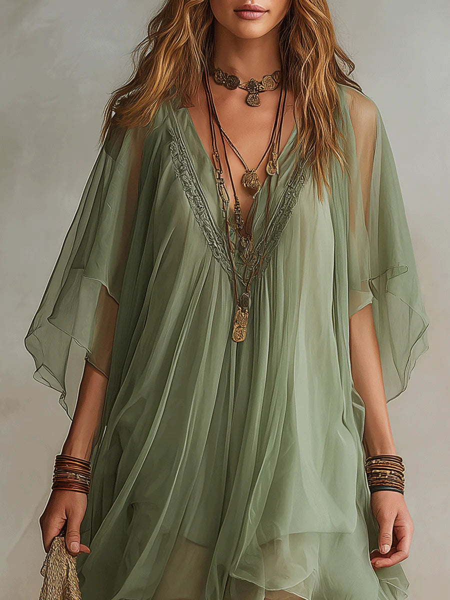 Emerald | Mini Layered Flowy Dress, Green V-Neck