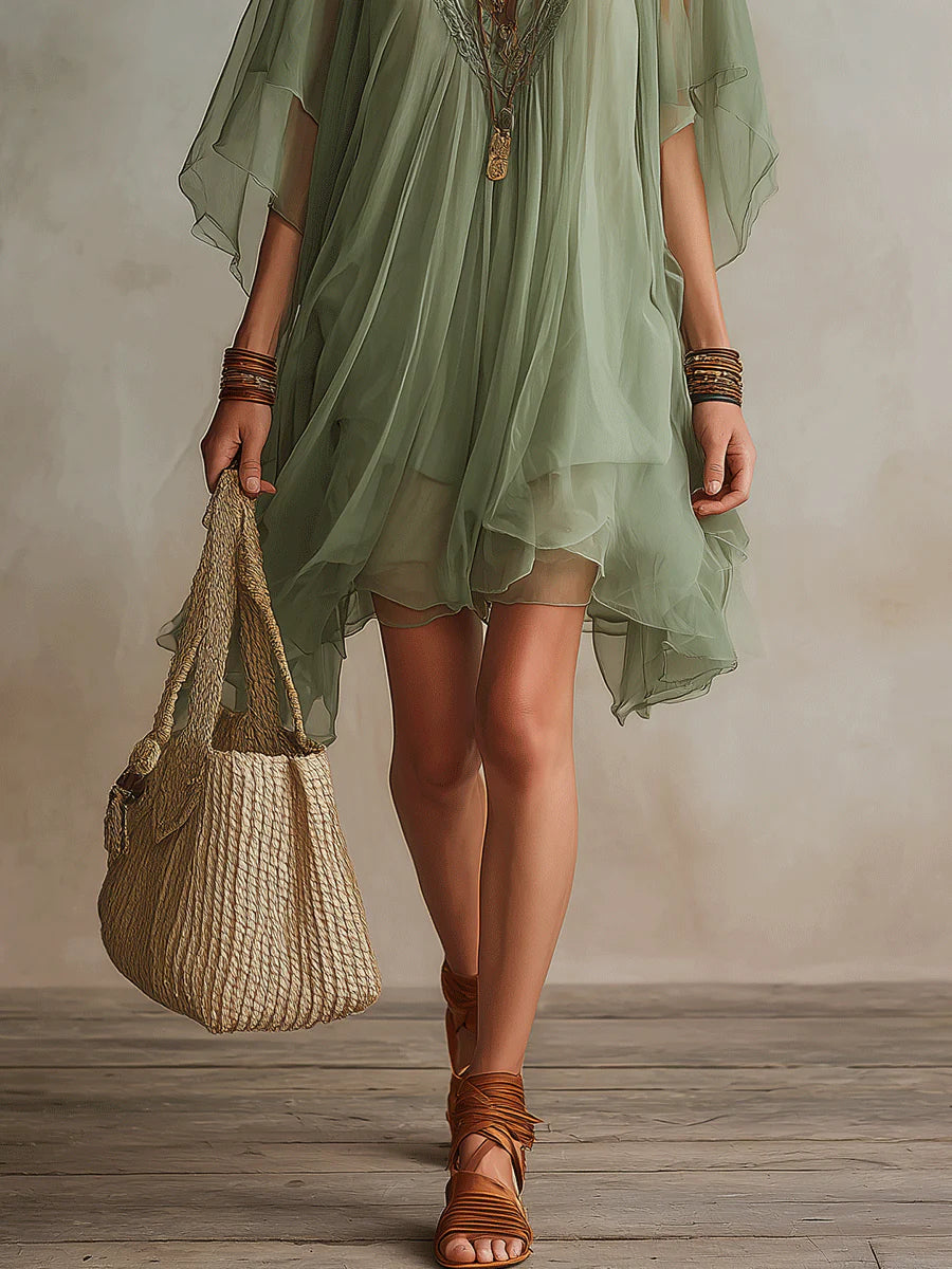 Emerald | Mini Layered Flowy Dress, Green V-Neck