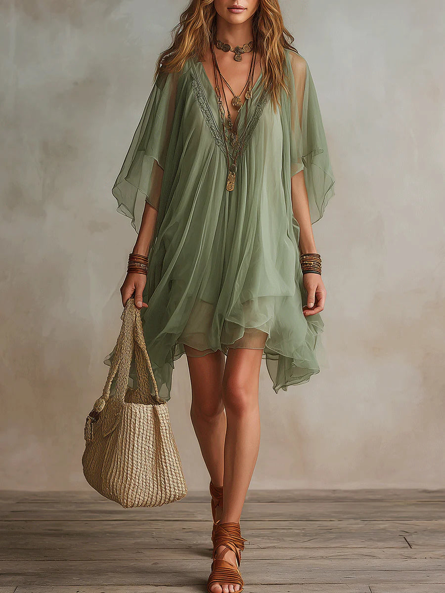 Emerald | Mini Layered Flowy Dress, Green V-Neck