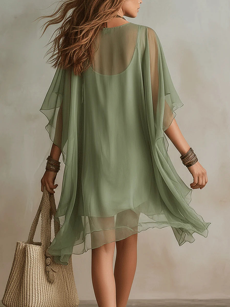 Emerald | Mini Layered Flowy Dress, Green V-Neck