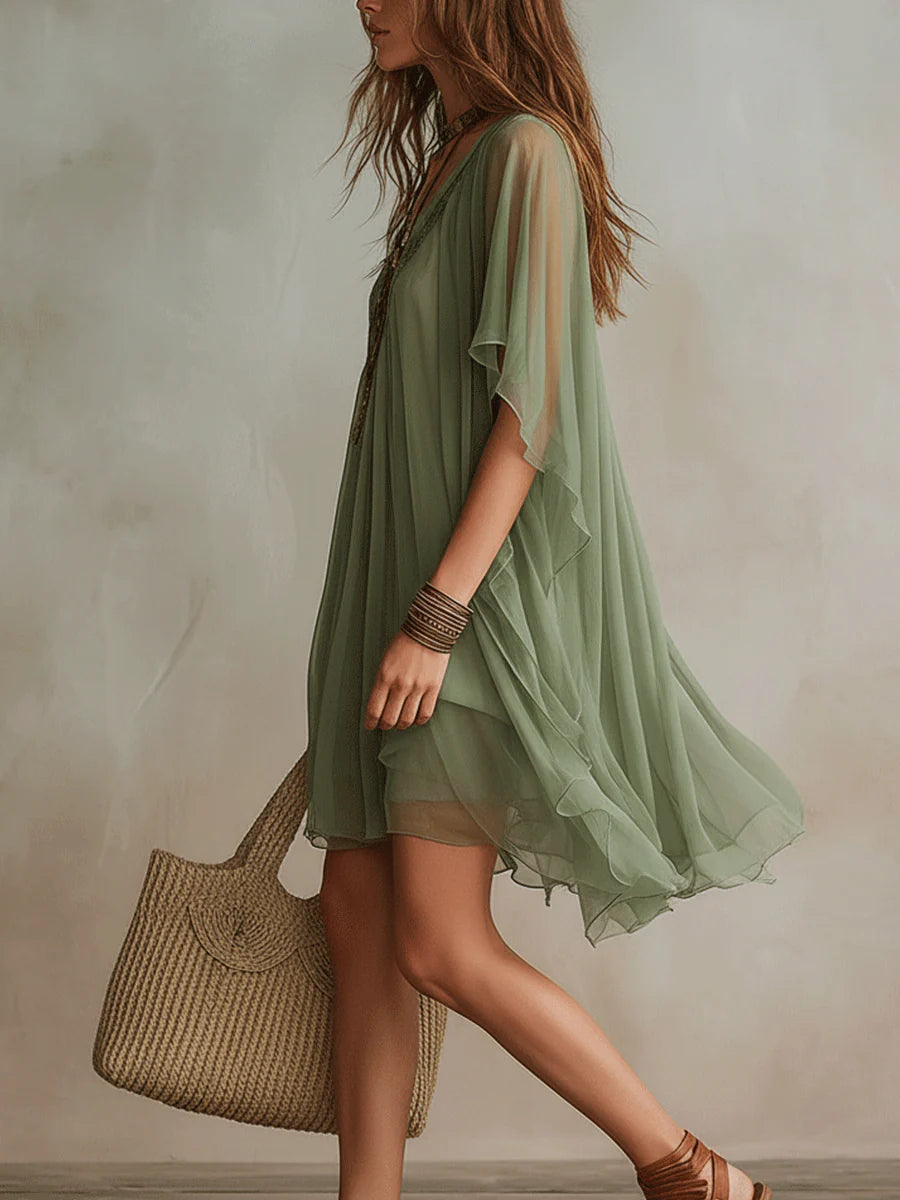 Emerald | Mini Layered Flowy Dress, Green V-Neck