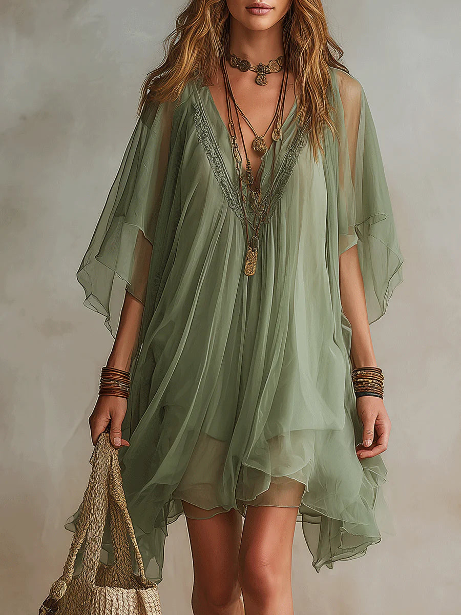 Emerald | Mini Layered Flowy Dress, Green V-Neck