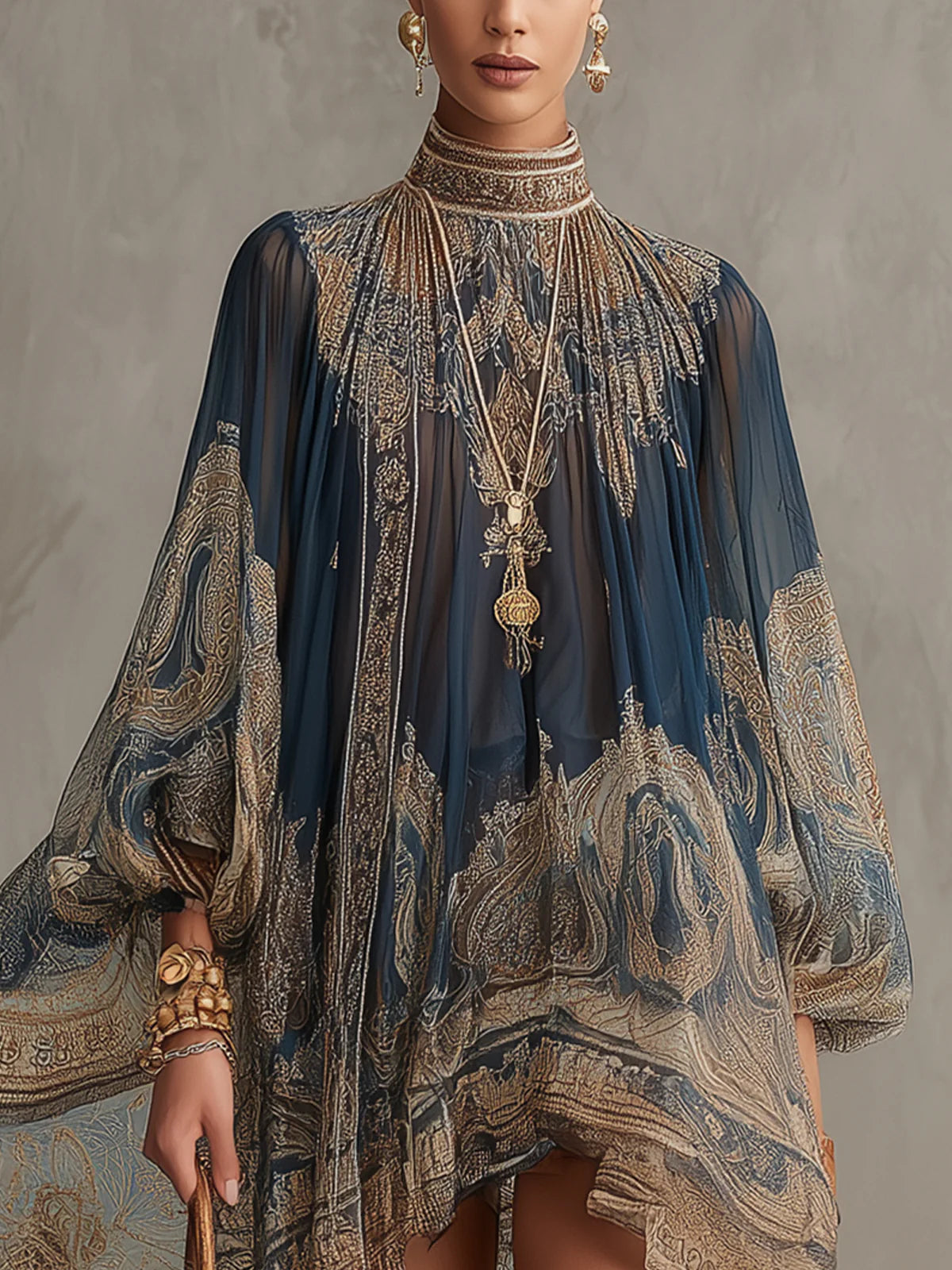 Agathe | Asymmetrical Short Dress in Navy Blue Chiffon with High Neck and Baroque Print