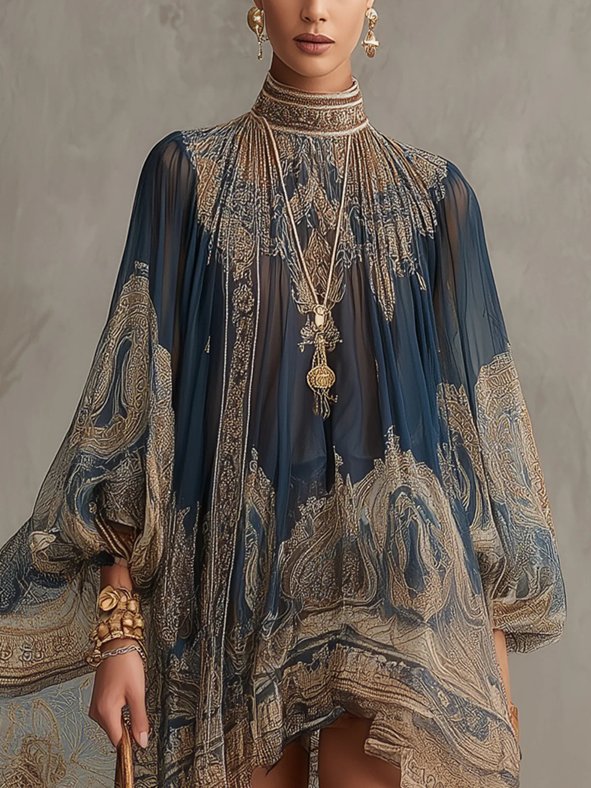 Agathe | Asymmetrical Short Dress in Navy Blue Chiffon with High Neck and Baroque Print