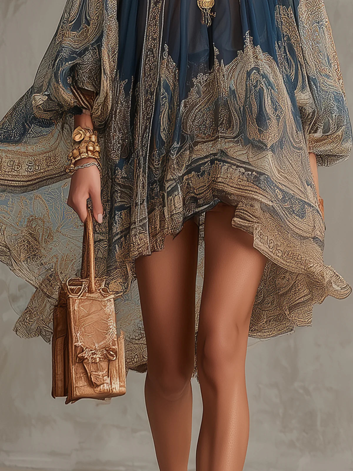 Agathe | Asymmetrical Short Dress in Navy Blue Chiffon with High Neck and Baroque Print