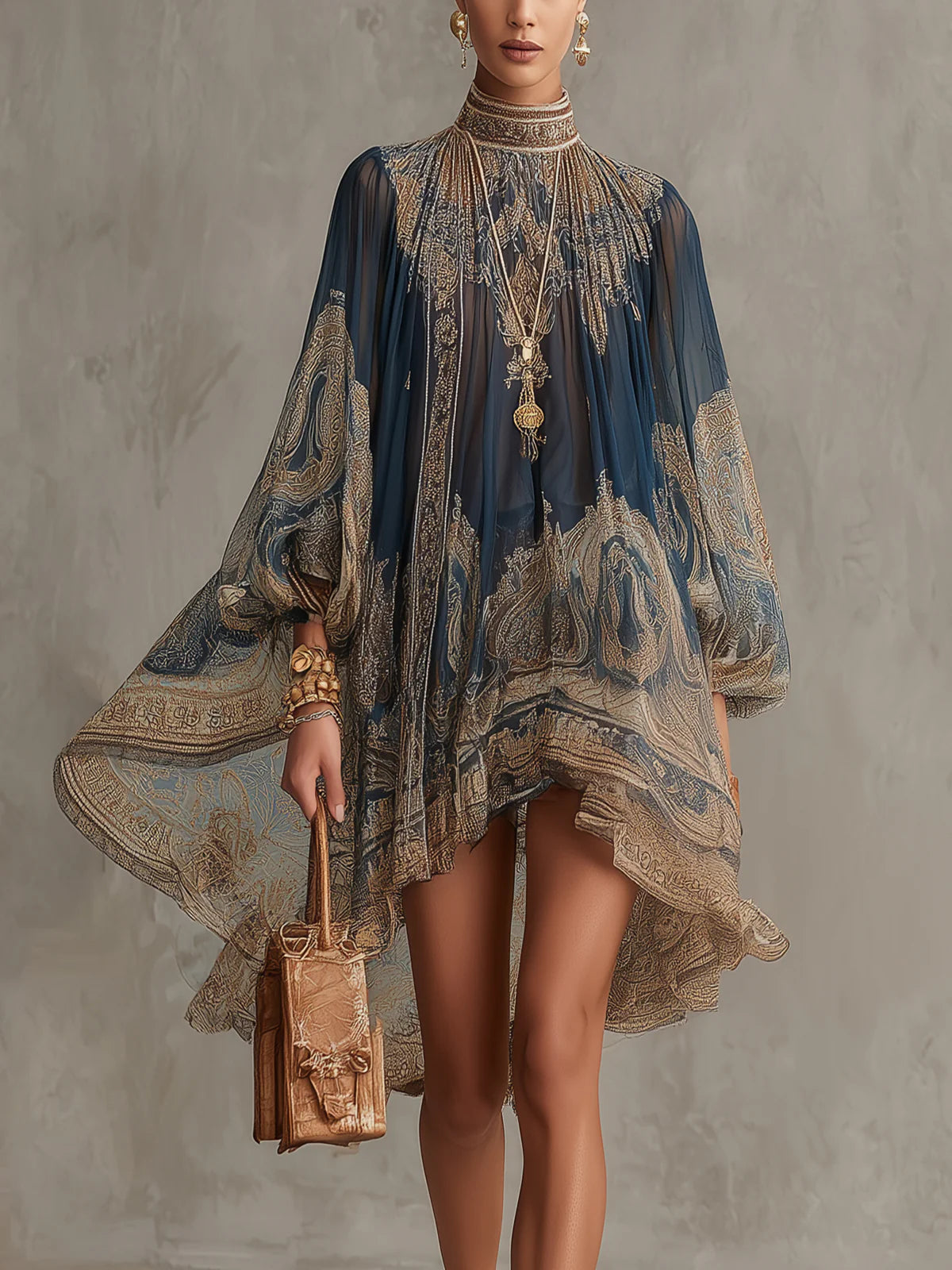 Agathe | Asymmetrical Short Dress in Navy Blue Chiffon with High Neck and Baroque Print