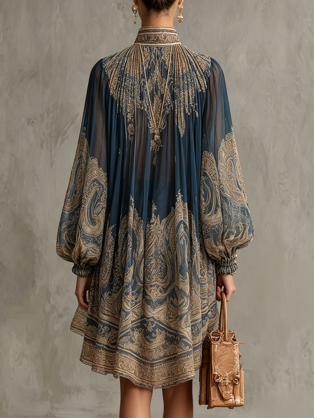 Agathe | Asymmetrical Short Dress in Navy Blue Chiffon with High Neck and Baroque Print