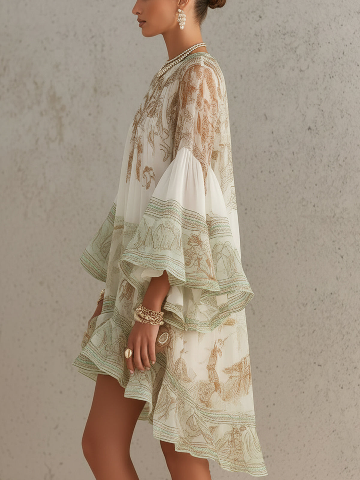 Solange | Green Asymmetrical Short Chiffon Dress with Ruffles and Bell Sleeves