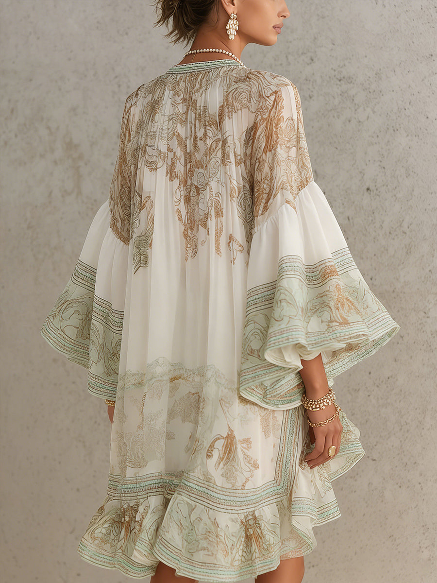 Solange | Green Asymmetrical Short Chiffon Dress with Ruffles and Bell Sleeves