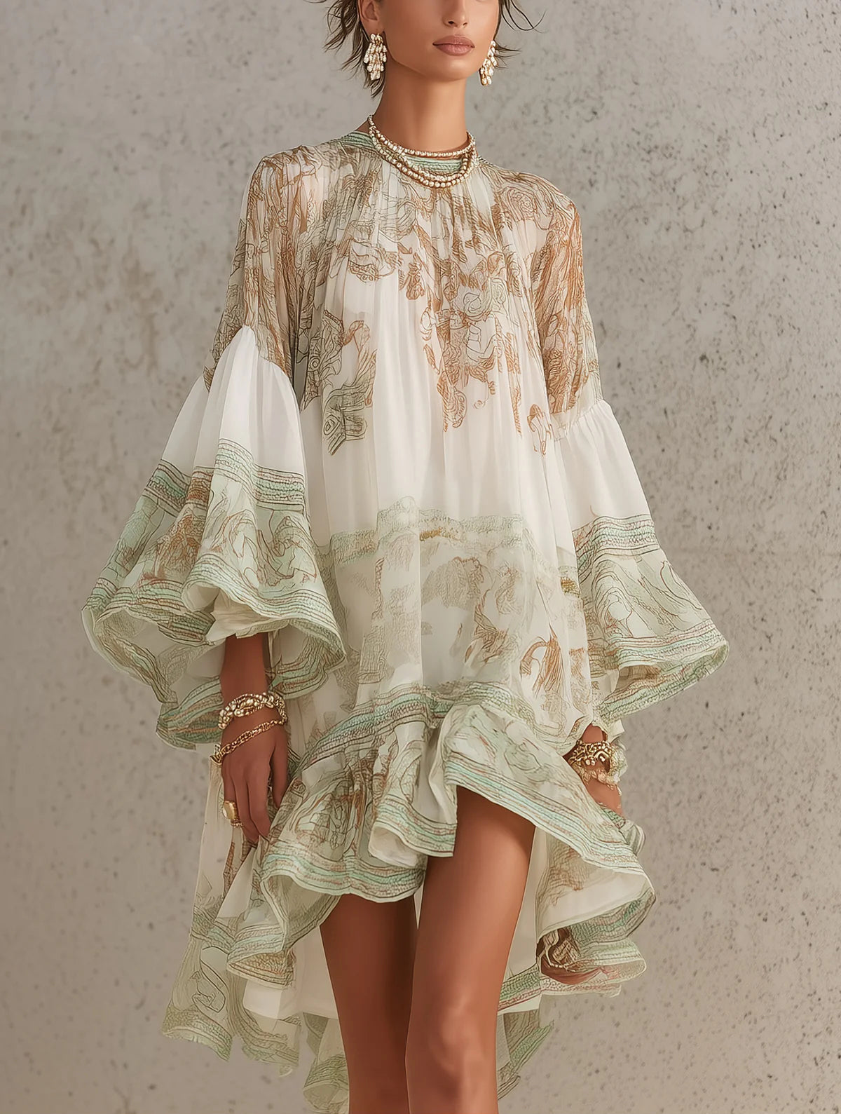 Solange | Green Asymmetrical Short Chiffon Dress with Ruffles and Bell Sleeves