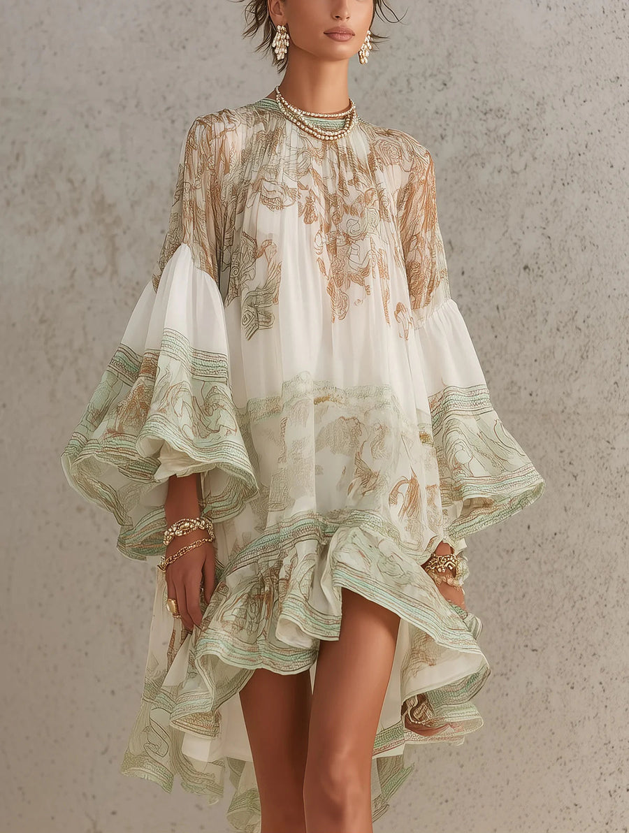 Solange | Green Asymmetrical Short Chiffon Dress with Ruffles and Bell Sleeves