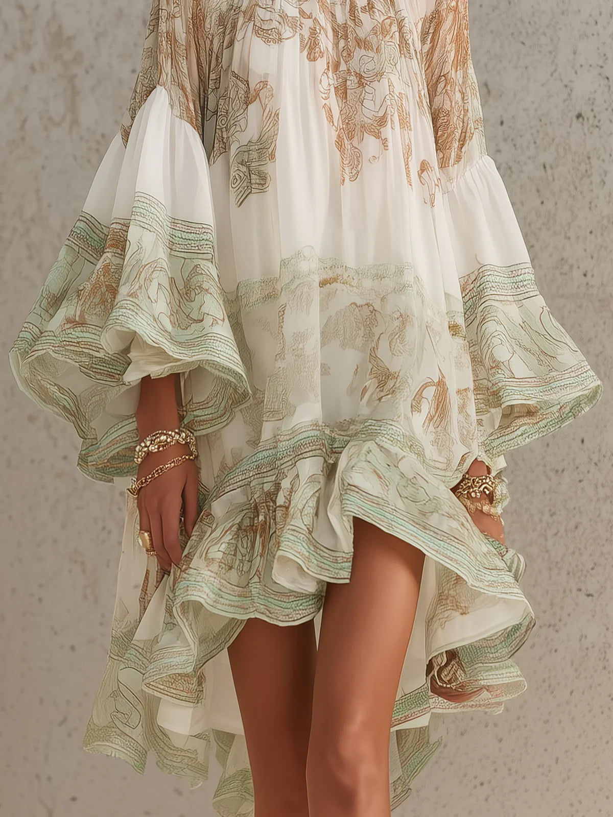 Solange | Green Asymmetrical Short Chiffon Dress with Ruffles and Bell Sleeves