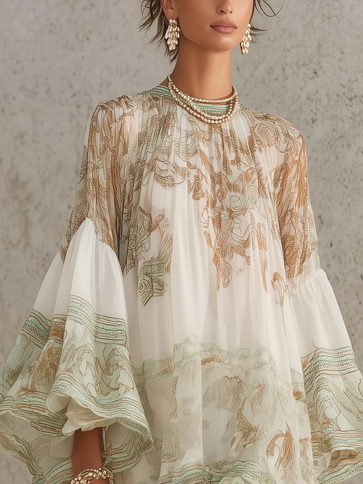 Solange | Green Asymmetrical Short Chiffon Dress with Ruffles and Bell Sleeves