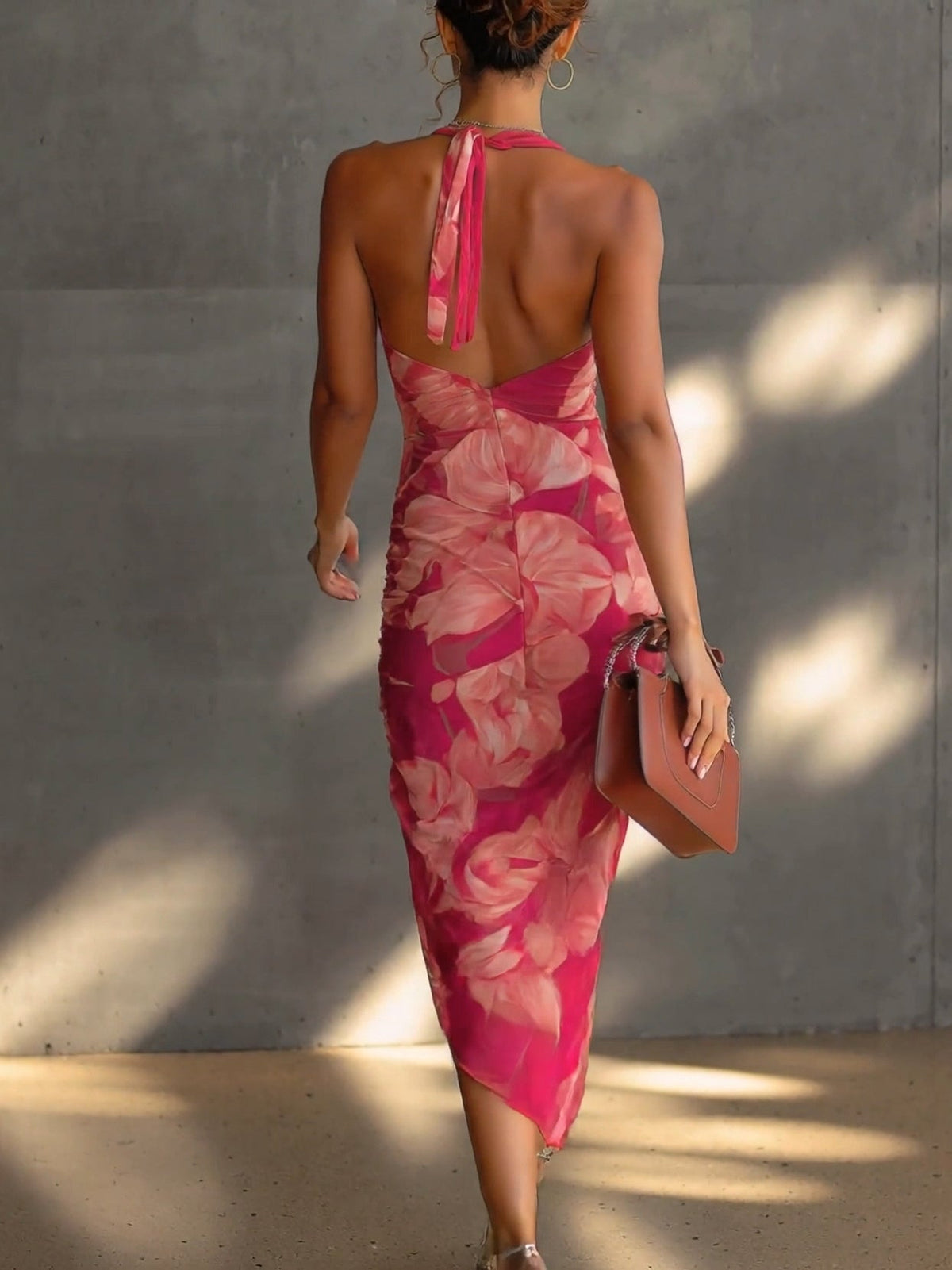 Mathilde | Fuchsia Floral Print Draped Side Slit Bodycon Dress