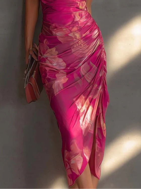 Mathilde | Fuchsia Bodycon Dress with Floral Print, Draped Side and Split