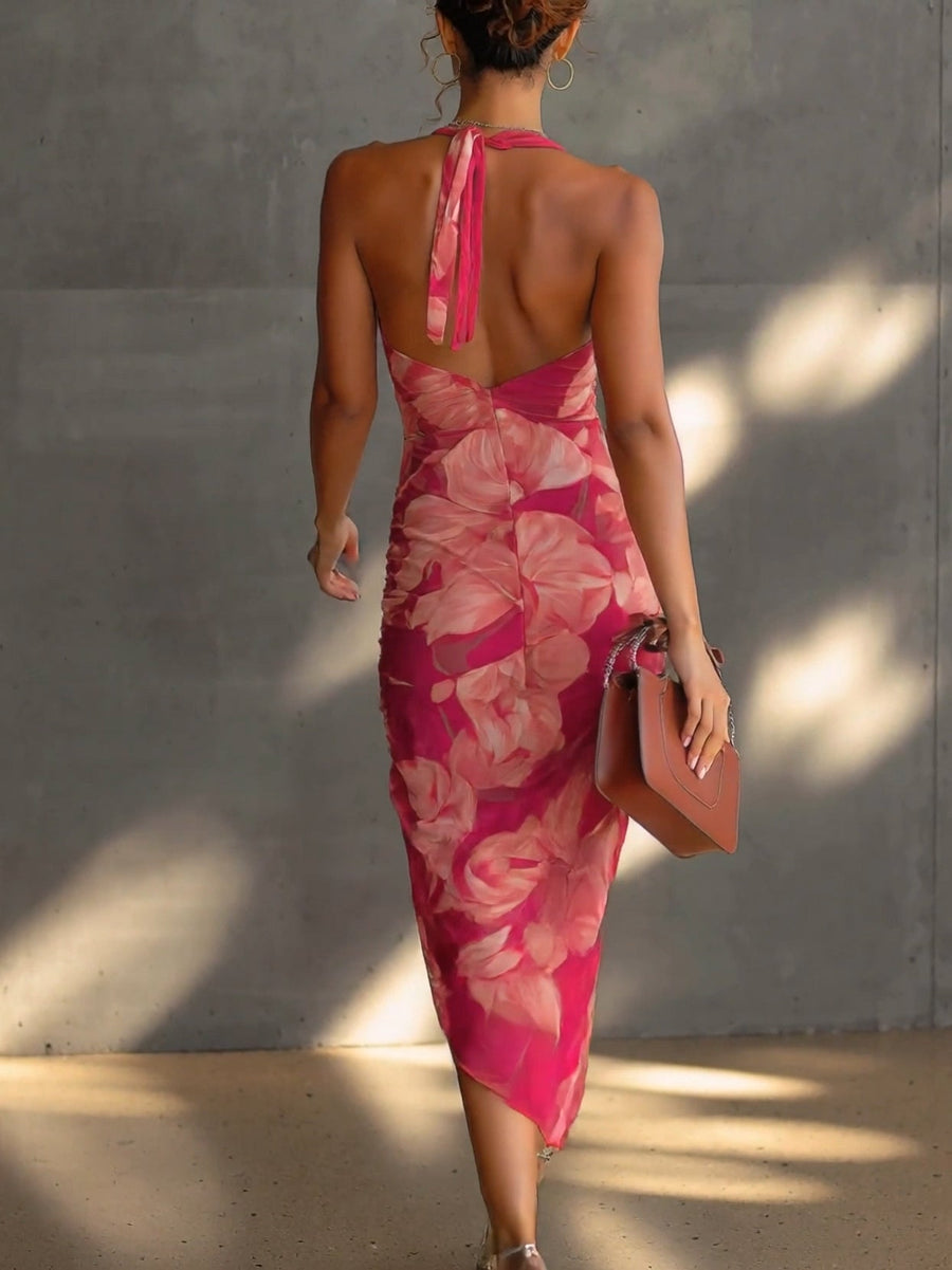 Mathilde | Fuchsia Bodycon Dress with Floral Print, Draped Side and Split