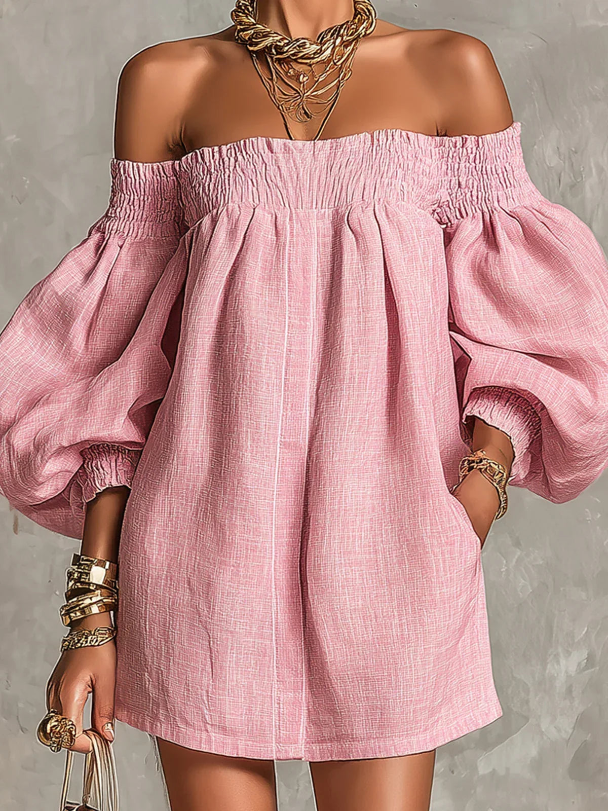 Gisela Mini Dress Pink in A-Line with Puff Sleeves and Off-the-Shoulder Design