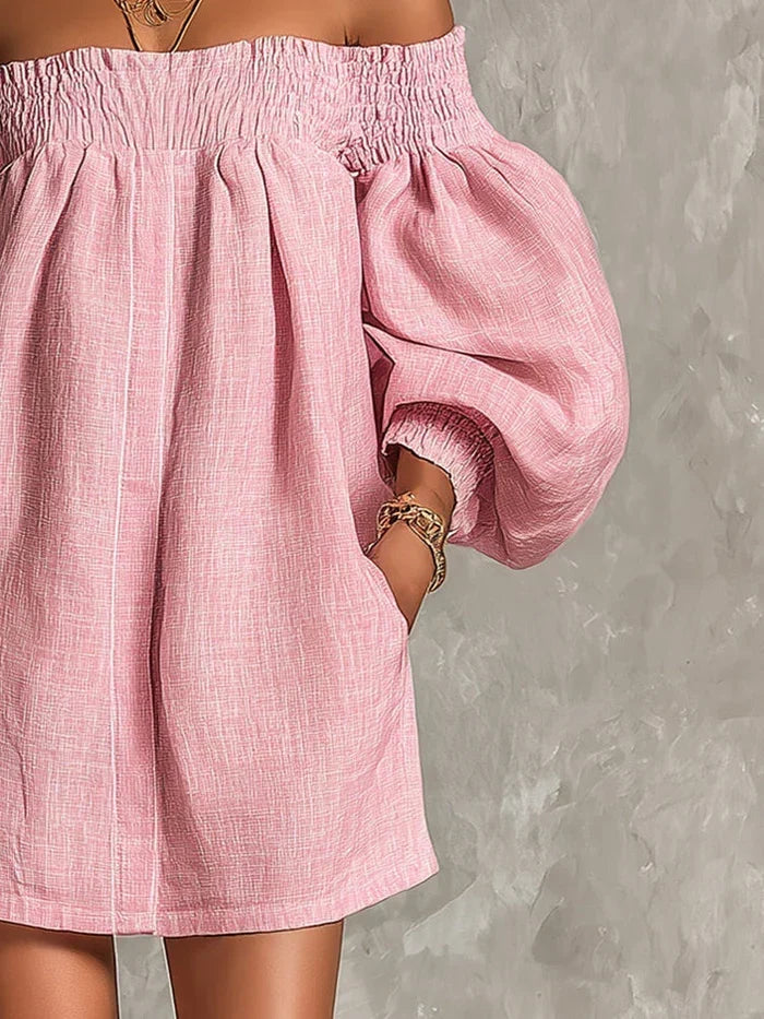 Gisela Mini Dress Pink in A-Line with Puff Sleeves and Off-the-Shoulder Design