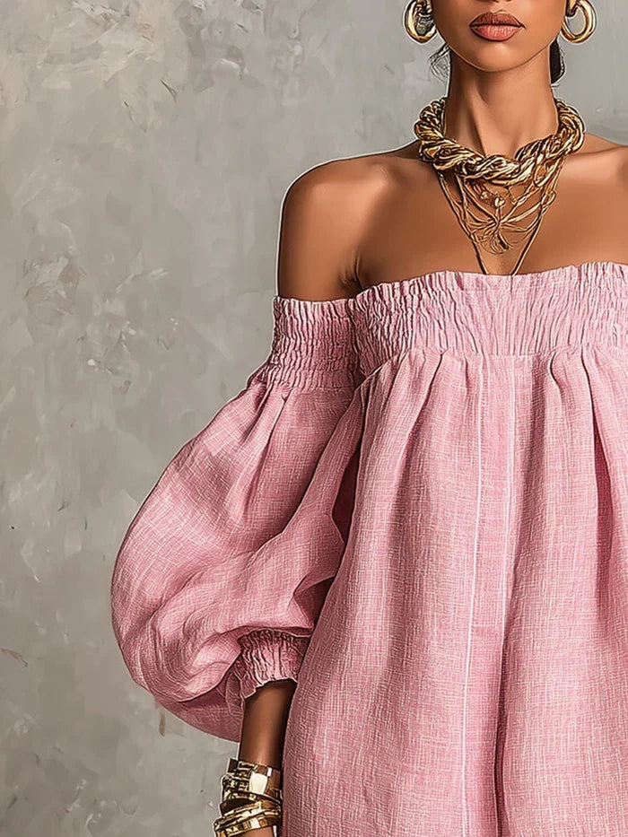 Gisela Mini Dress Pink in A-Line with Puff Sleeves and Off-the-Shoulder Design