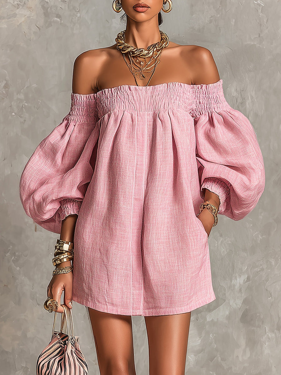 Rosabelle | Mini A-Line Dress, Lantern Sleeves, Off-Shoulder Pink