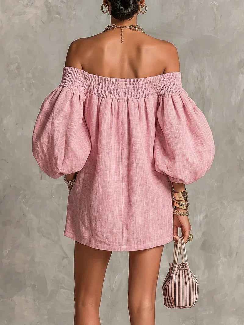 Gisela Mini Dress Pink in A-Line with Puff Sleeves and Off-the-Shoulder Design