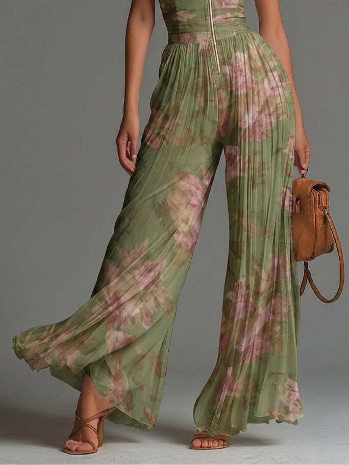 Charlotte | Flowing Pleated Jumpsuit with Green Flowers