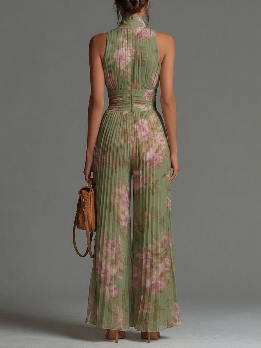Charlotte | Flowing Pleated Jumpsuit with Green Flowers