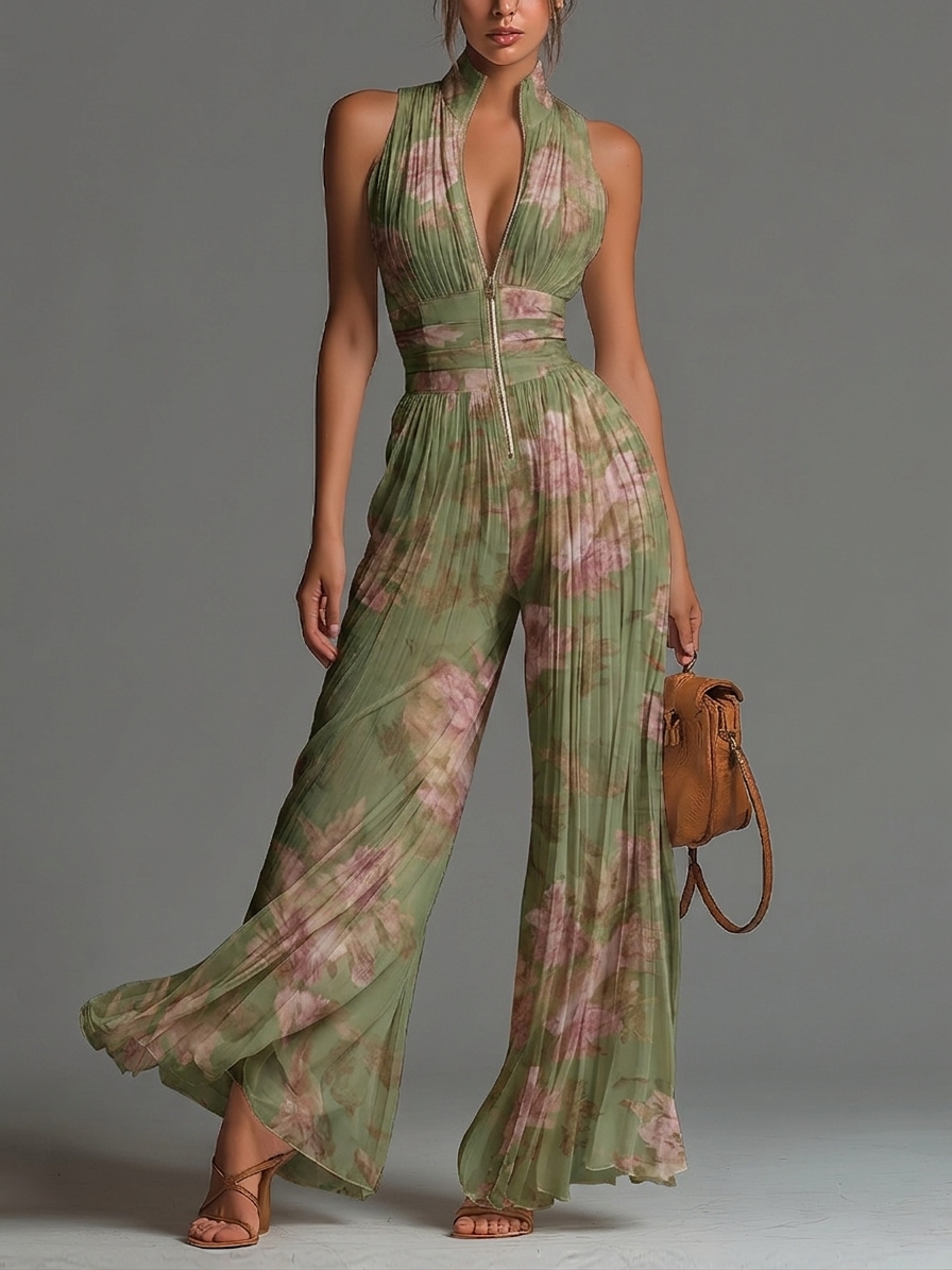 Charlotte | Flowing Pleated Jumpsuit with Green Flowers