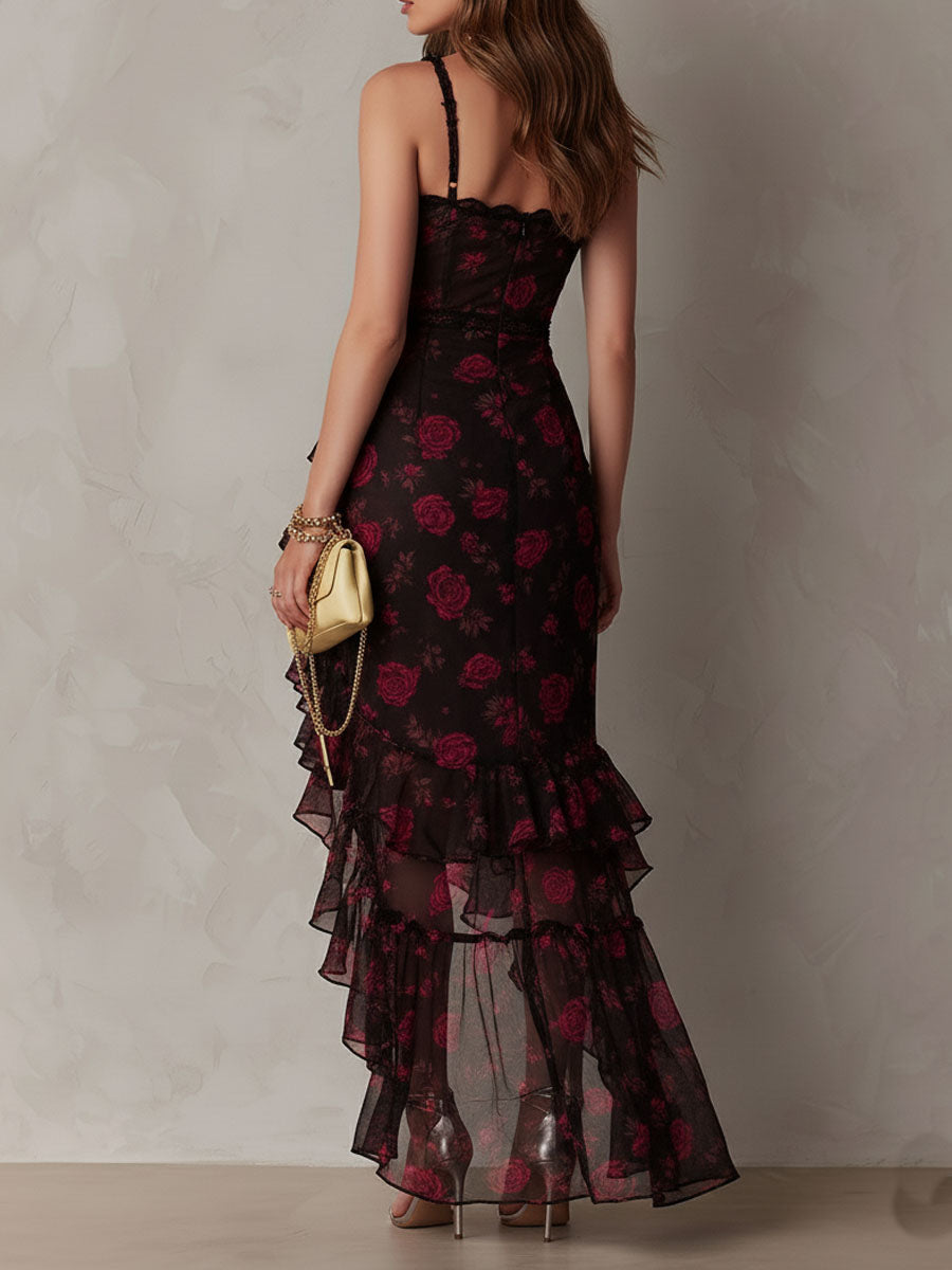Edith | Black and Red Floral Short Draped Dress with Ruffled Hem