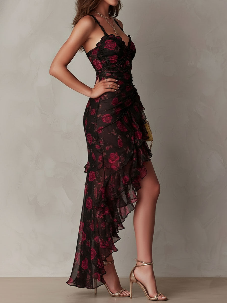 Edith | Black and Red Floral Short Draped Dress with Ruffled Hem