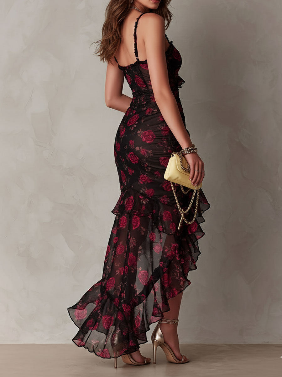 Edith | Black and Red Floral Short Draped Dress with Ruffled Hem