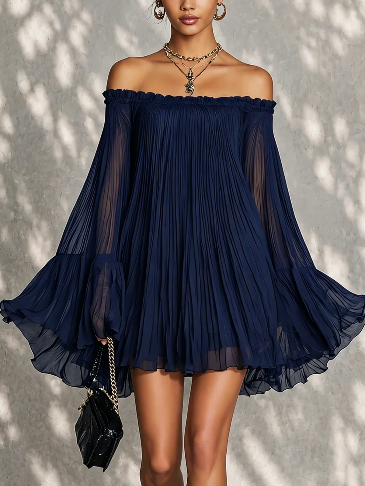 Ondine | Mini Dress with Bell Sleeves, Ruffles, Off-the-Shoulder