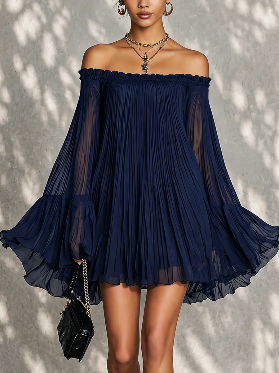 Ondine | Mini Dress with Bell Sleeves, Ruffles, Off-the-Shoulder