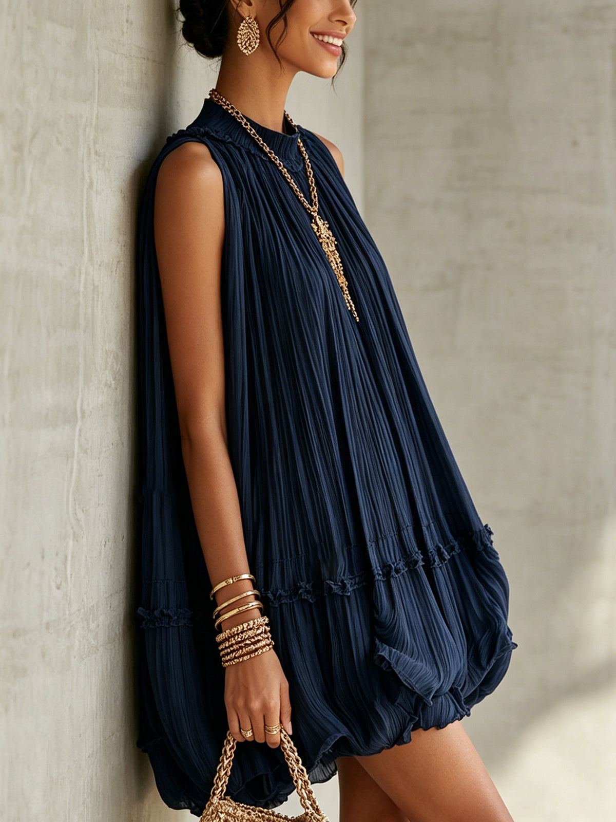 Océane | Mini Dress with Ruffles, Halter Neck, Navy Blue