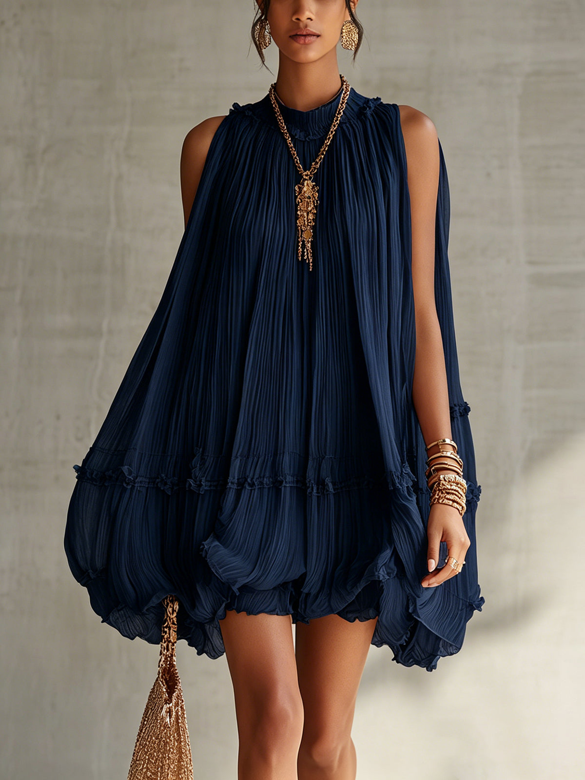 Océane | Mini Dress with Ruffles, Halter Neck, Navy Blue