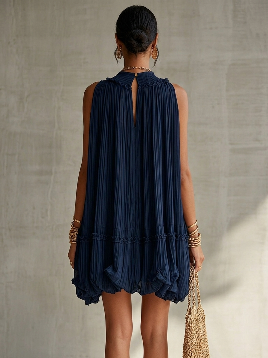Océane | Mini Dress with Ruffles, Halter Neck, Navy Blue
