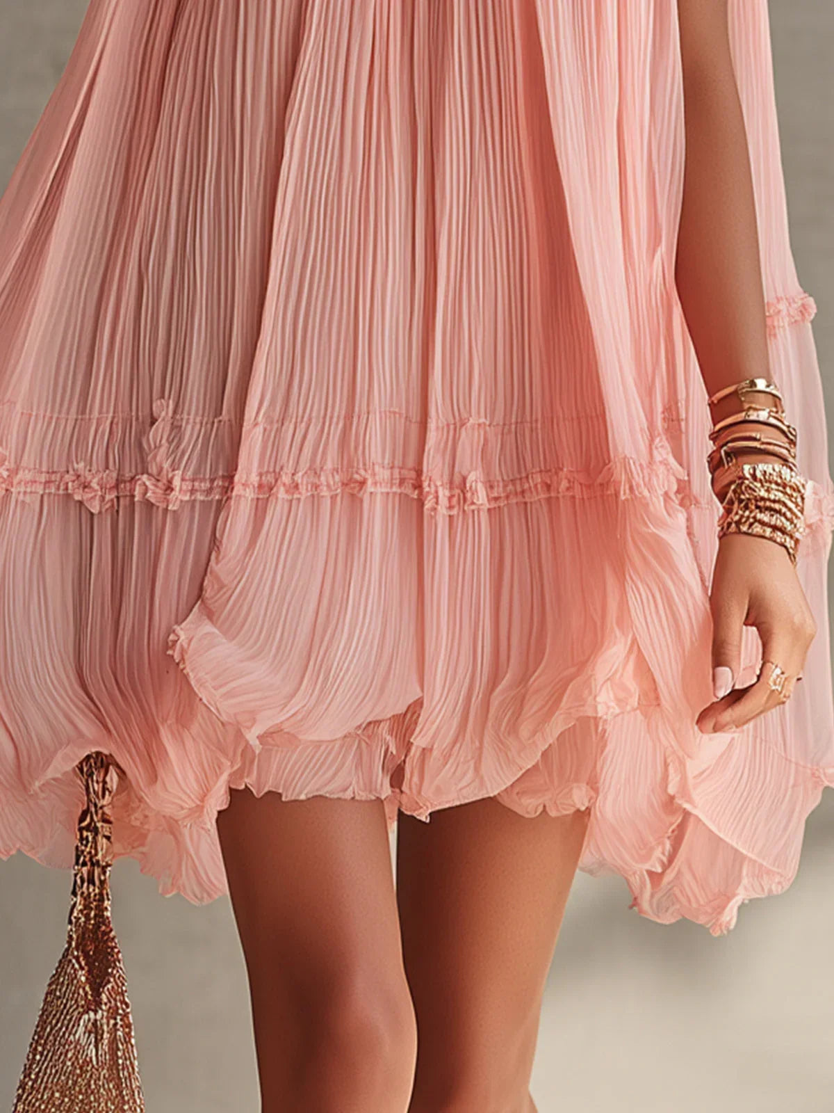 Magdalena Mini Chiffon Dress in Pink Stripes with Halter Neck