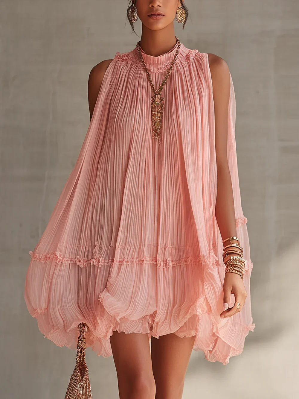 Magdalena Mini Chiffon Dress in Pink Stripes with Halter Neck
