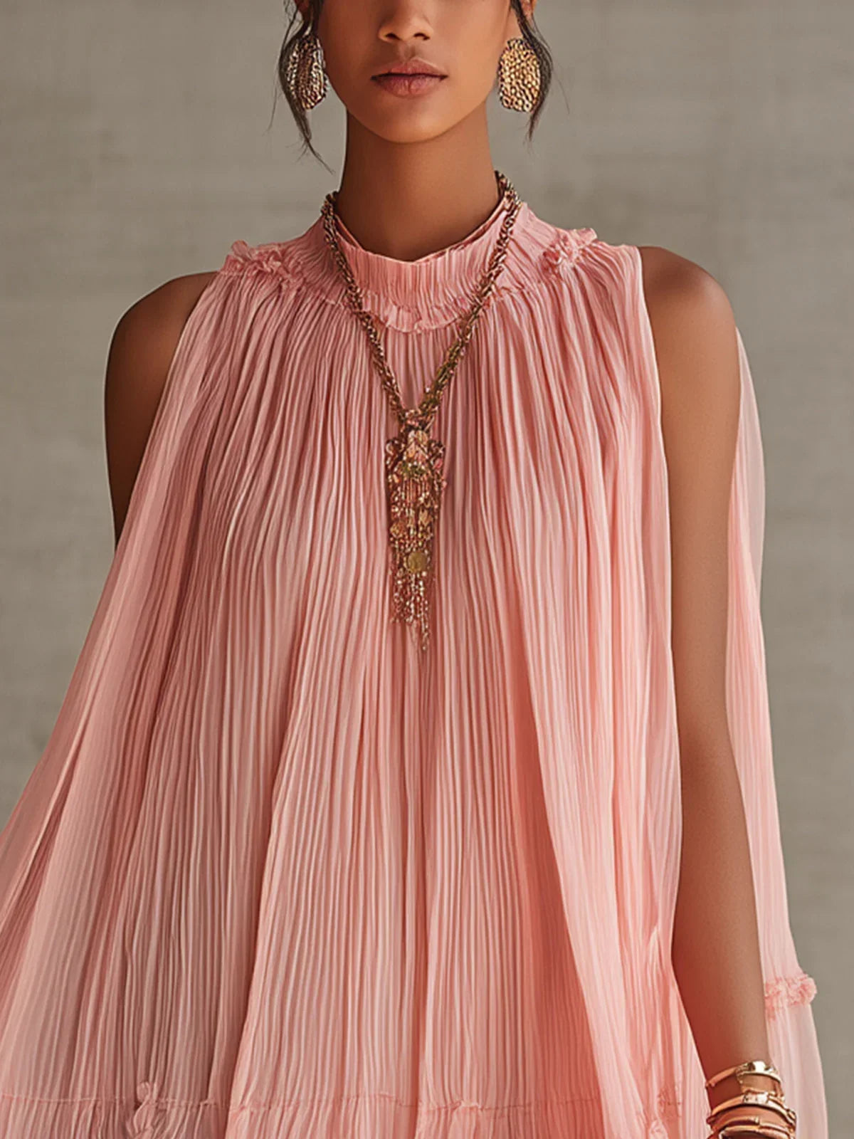 Magdalena Mini Chiffon Dress in Pink Stripes with Halter Neck