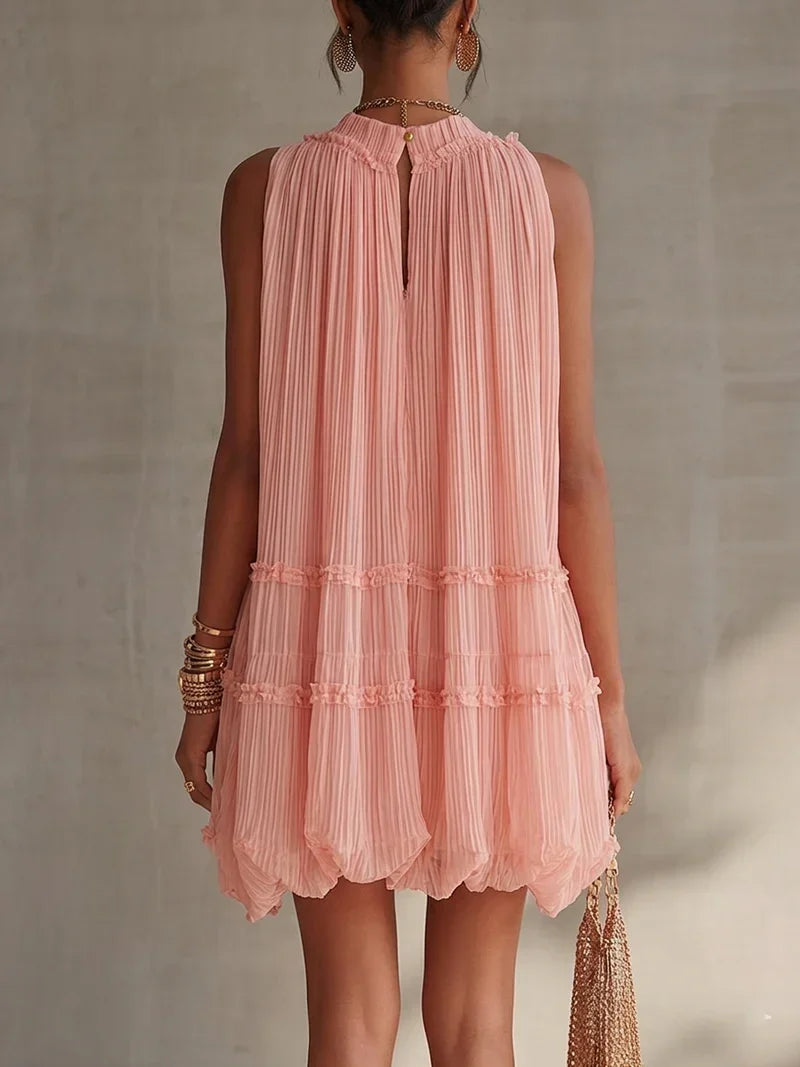 Magdalena Mini Chiffon Dress in Pink Stripes with Halter Neck