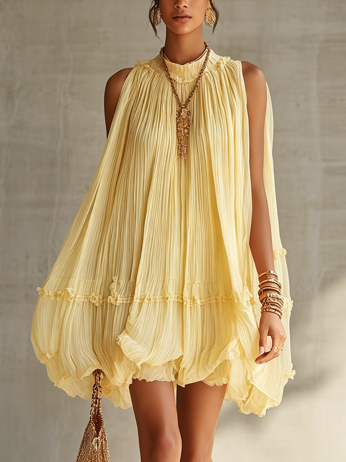 Margaux | Mini Ruffle Dress, Halter Neck, Yellow