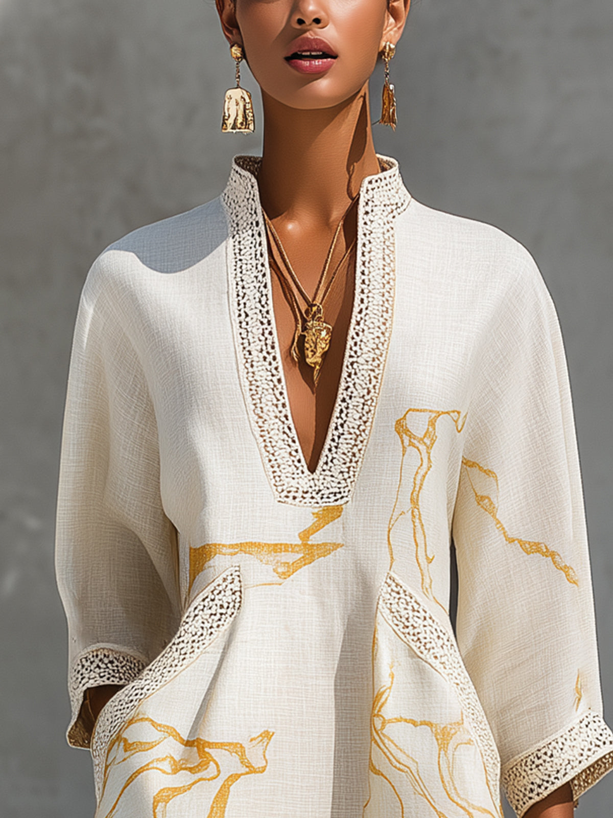 Ivory | Mini Dress in Viscose, Gold Print Ivory