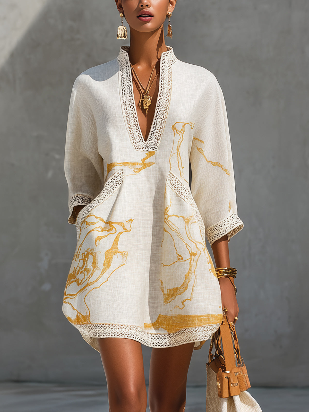 Ivory | Mini Dress in Viscose, Gold Print Ivory