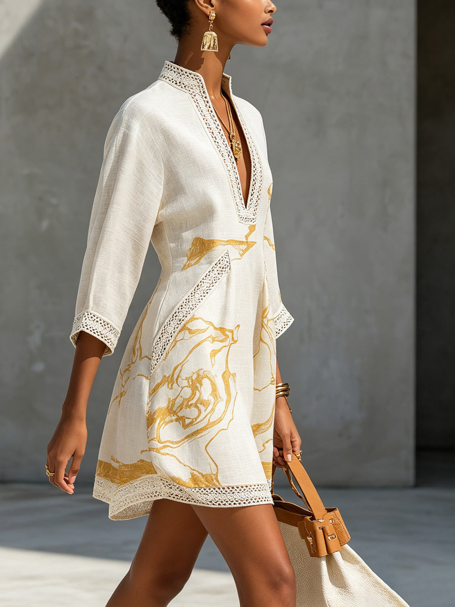 Ivory | Mini Dress in Viscose, Gold Print Ivory