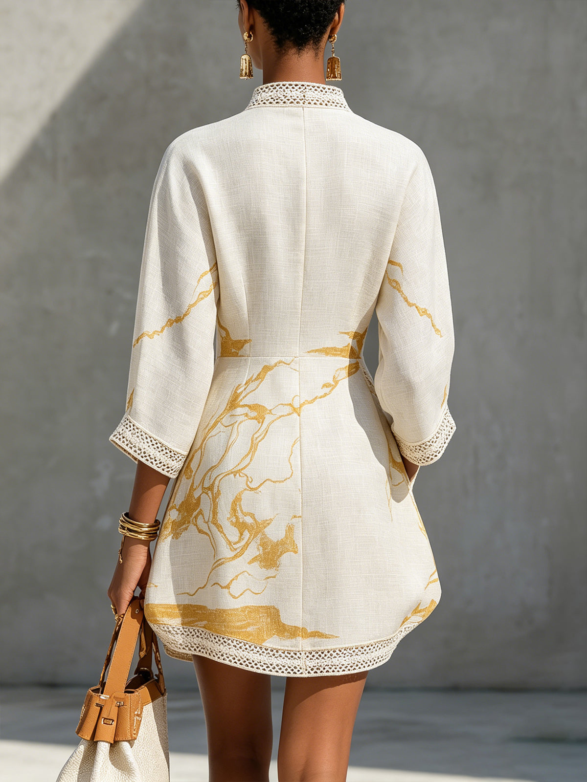 Ivory | Mini Dress in Viscose, Gold Print Ivory